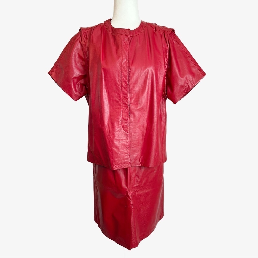 Vintage Beged-Or of Israel Red Leather 2 Piece Skirt & Short Sleeve Jacket Suit